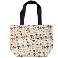 Handmade canvas tote bag featuring scattered woodland mushrooms with navy blue canvas handles.