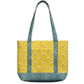 Handmade yellow rainbow cotton tote bag with chambray blue handles and chambray blue base