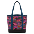 Handmade cotton tote bag with vibrant owl feather pattern in pink and teal tones, teal handles, and structured black base