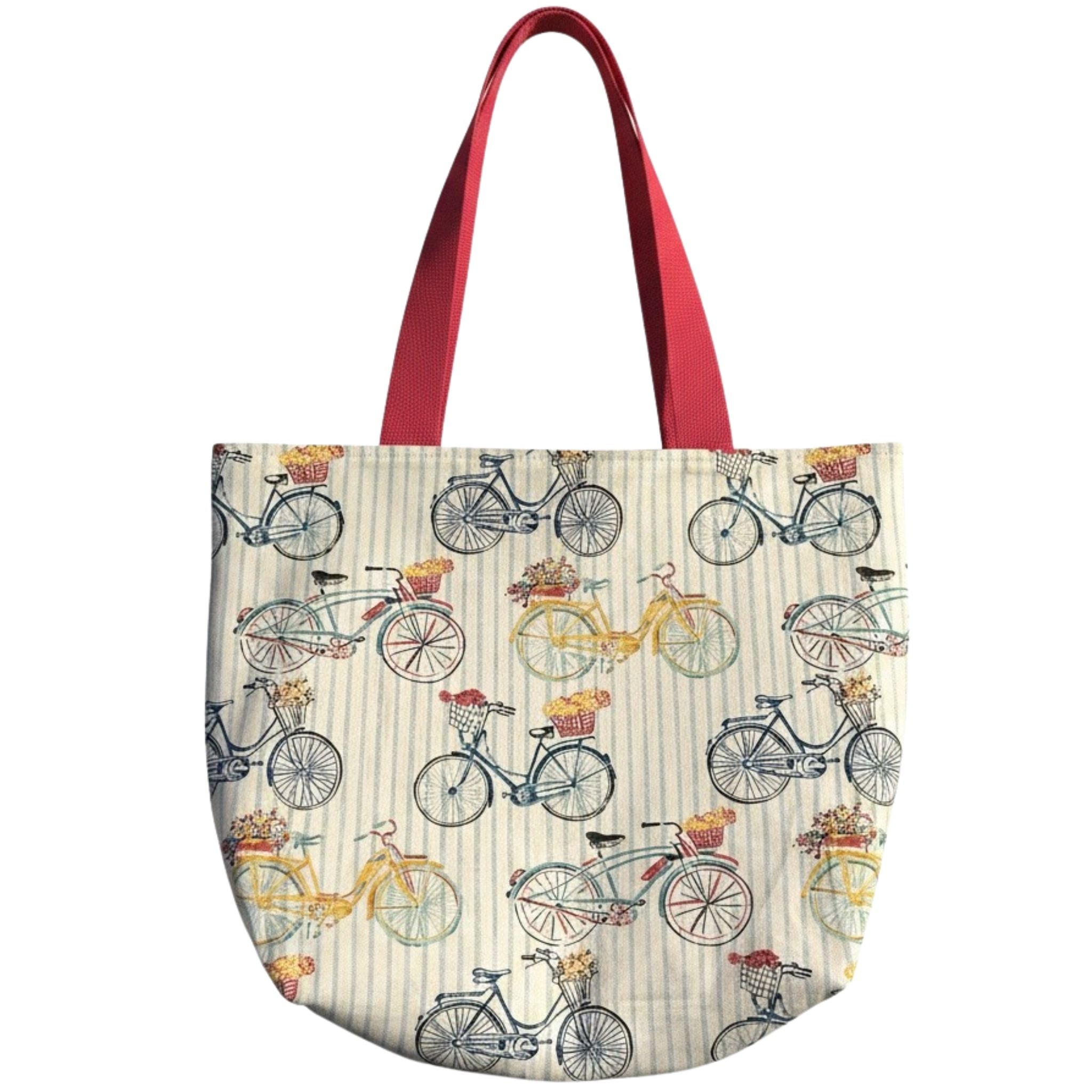 Oversized handmade canvas tote bag with vintage bicycle print, floral baskets, and coral shoulder straps