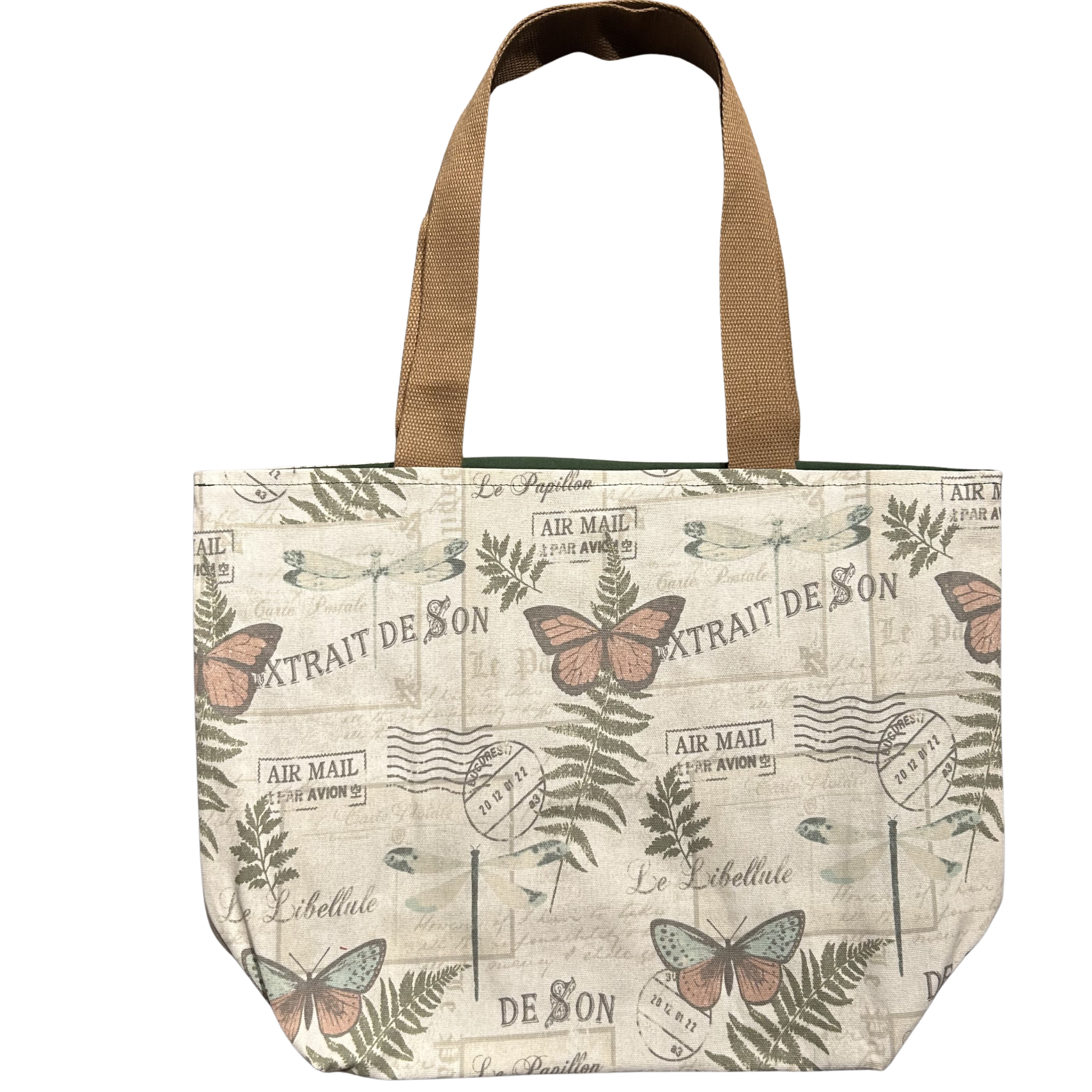Handmade canvas tote bag featuring vintage butterflies, dragonflies, botanical illustrations, and postal artwork with tan canvas handles.
