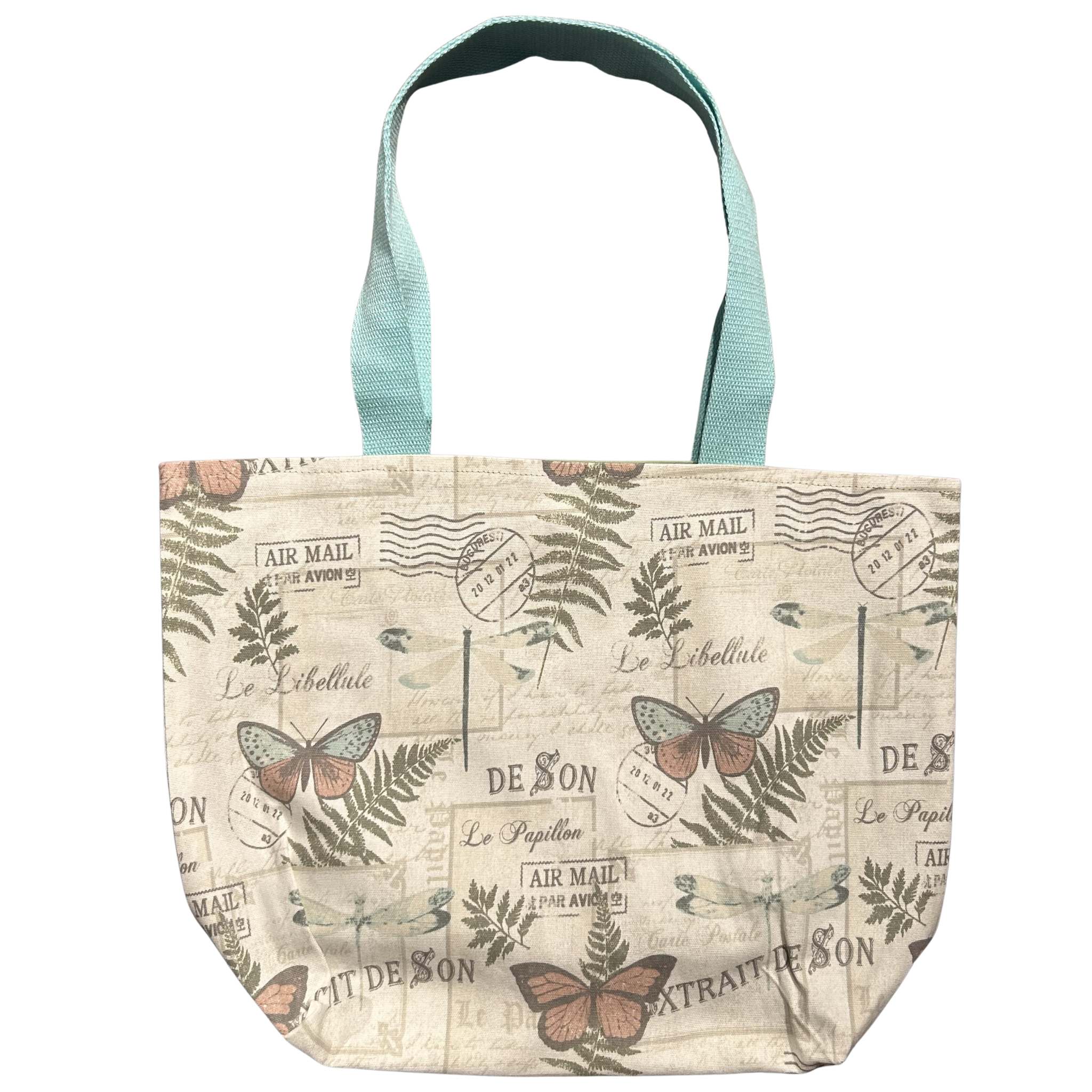 Handmade canvas tote bag featuring vintage botanical postcards with butterflies and seafoam canvas handles.