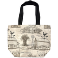 Handmade canvas tote bag featuring vintage farmhouse illustrations with black canvas handles.