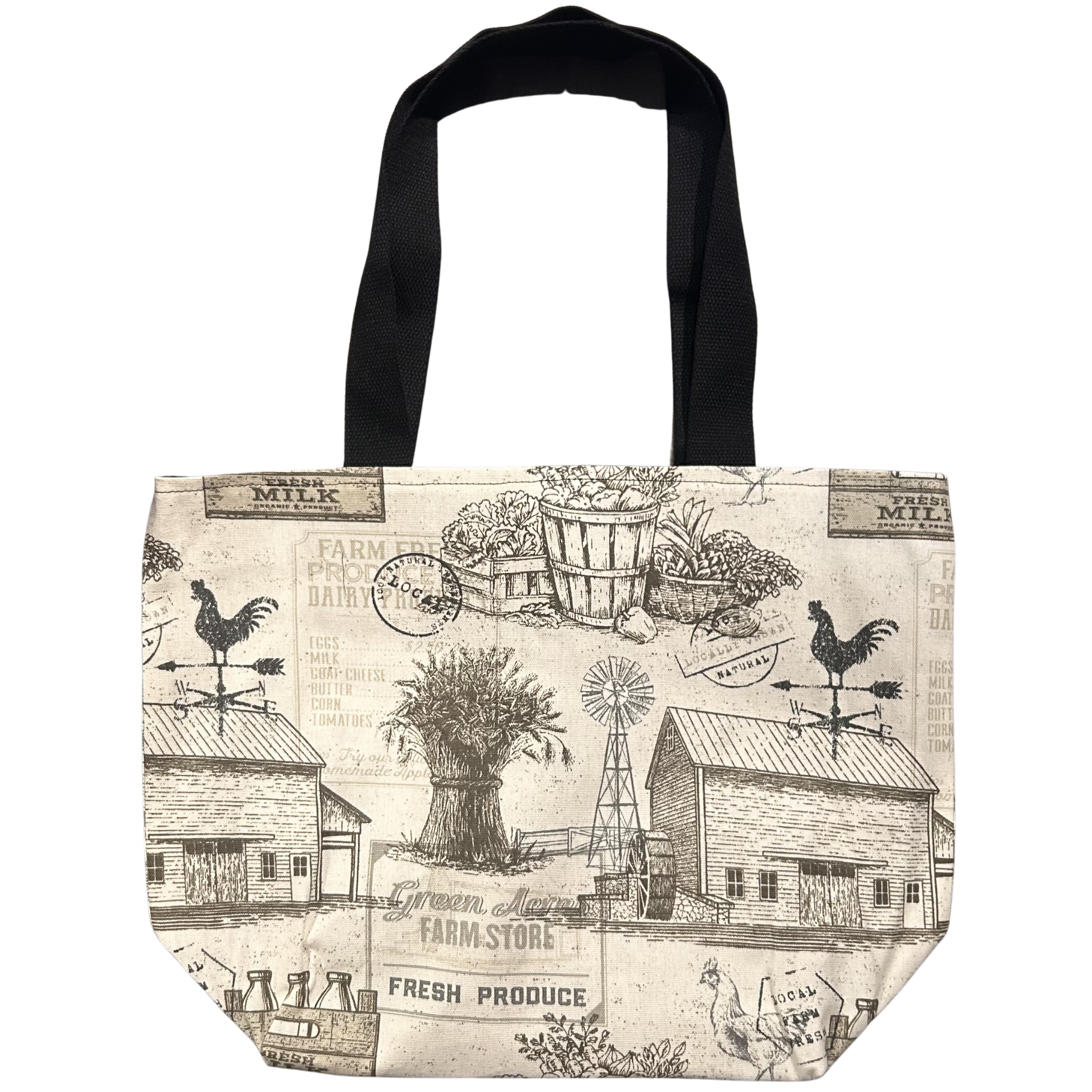 Handmade canvas tote bag featuring vintage farmhouse illustrations with black canvas handles.