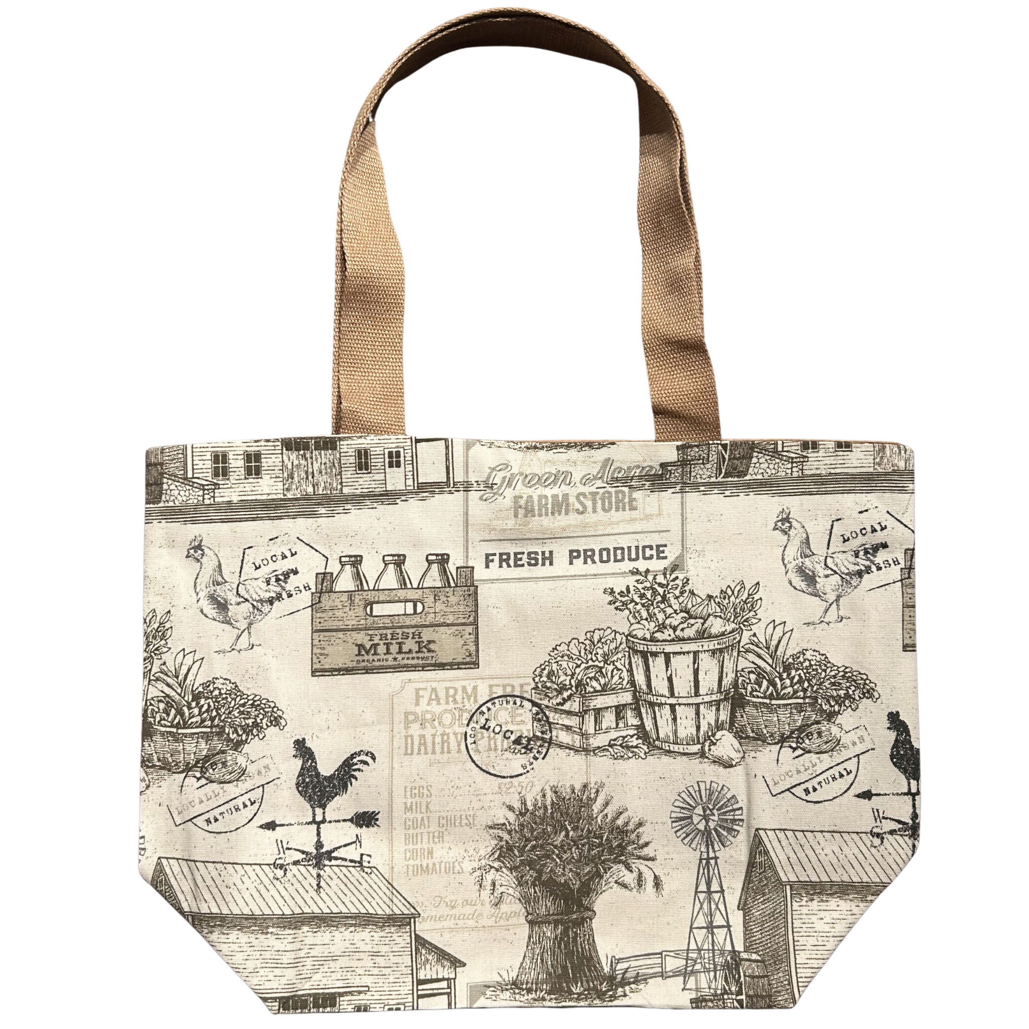 Handmade canvas tote bag featuring vintage farmhouse illustrations with tan canvas handles.