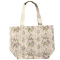 Handmade canvas tote bag featuring vintage pink roses on a cream background with natural canvas handles.