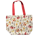 Handmade canvas tote bag featuring watercolor poppy wildflowers with bright red canvas handles.