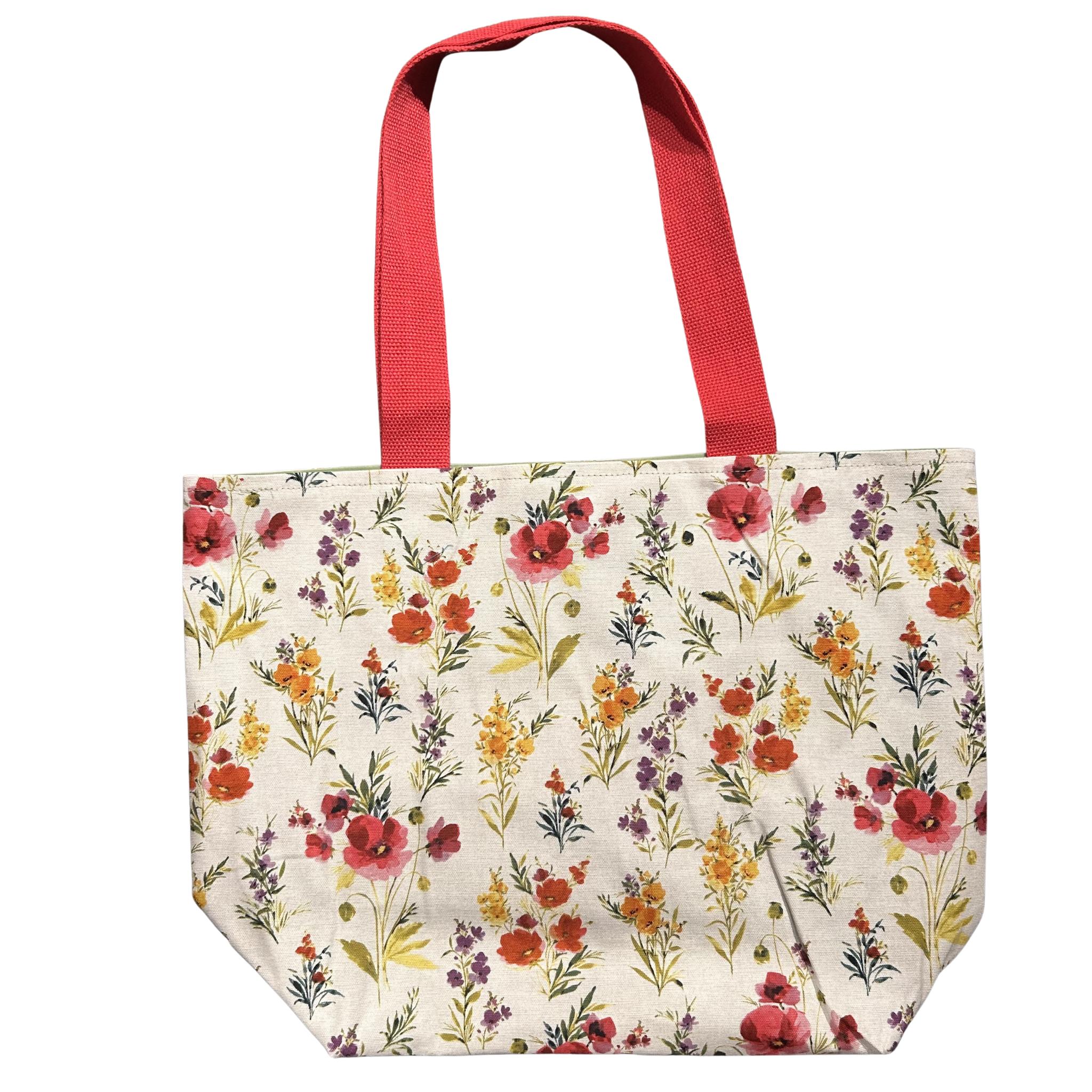 Handmade canvas tote bag featuring watercolor poppy wildflowers with bright red canvas handles.