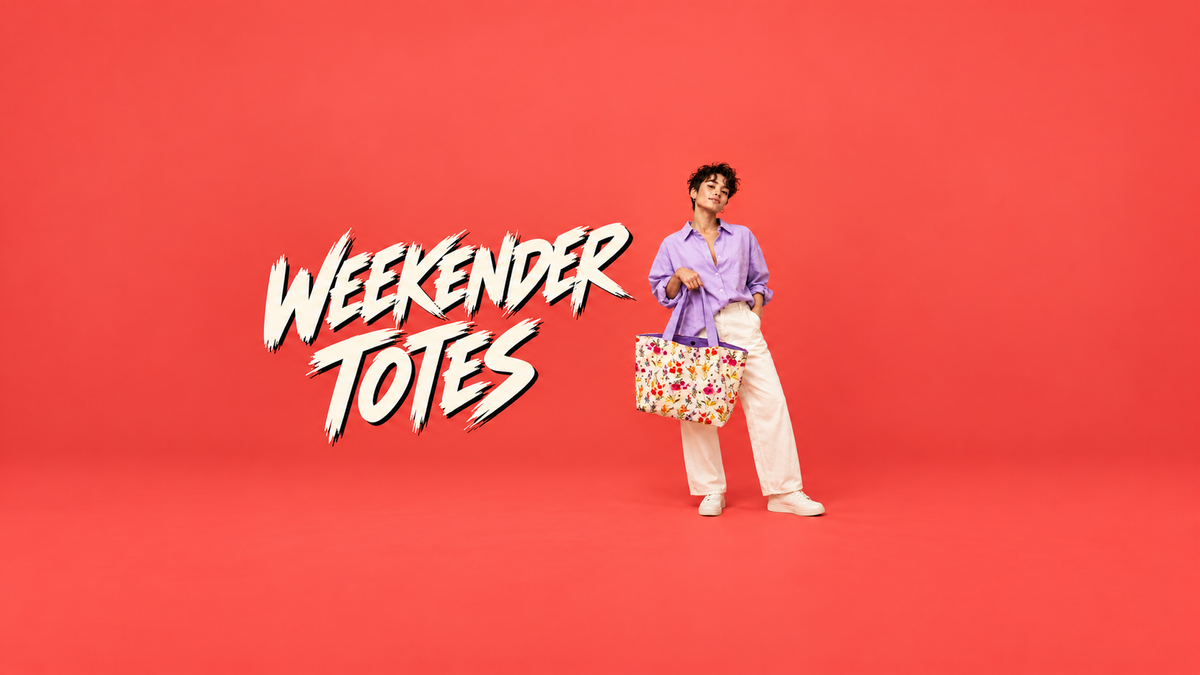 Weekender Totes coral desktop hero with full model and generous space above and below