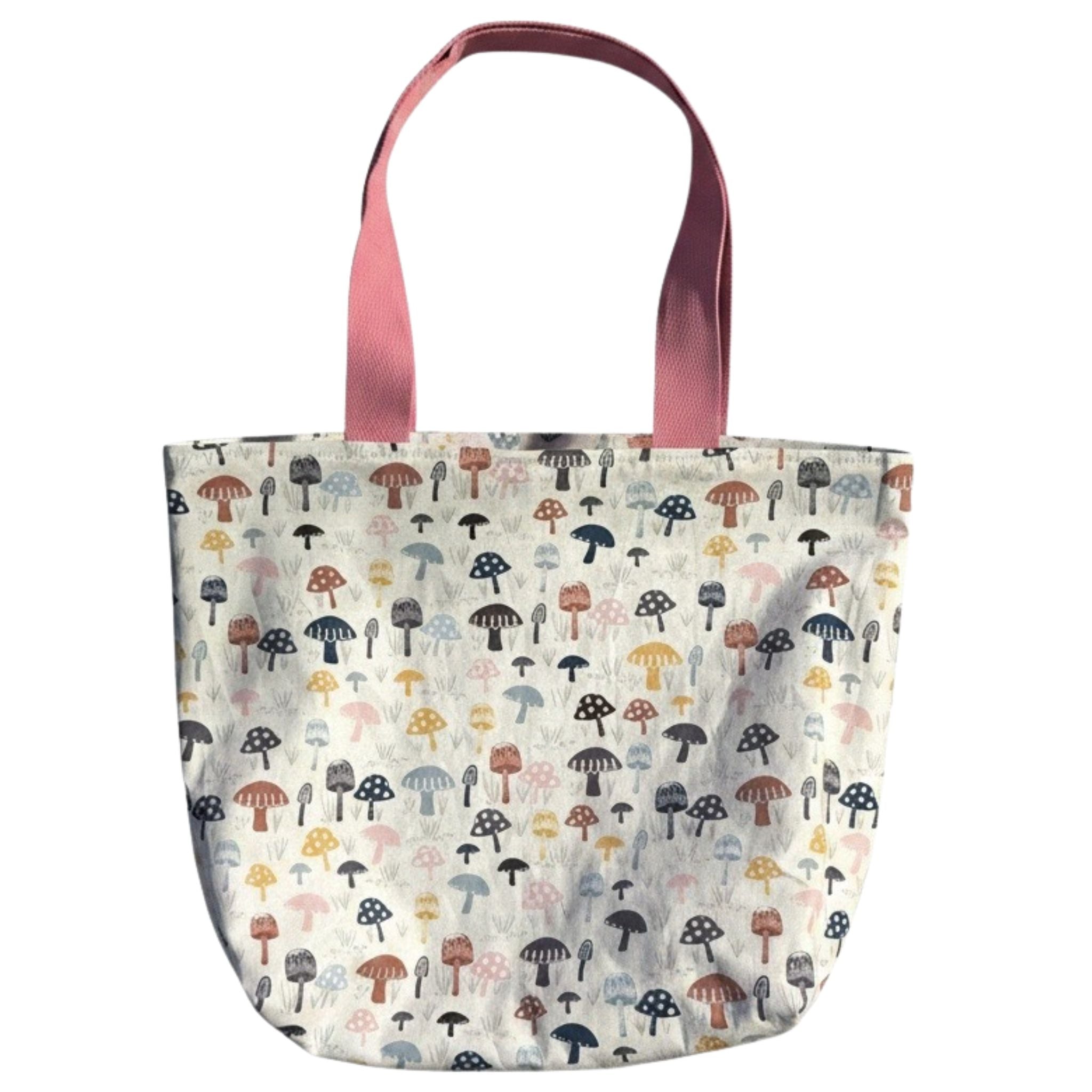 Oversized handmade mushroom print canvas tote bag with dusty pink shoulder straps