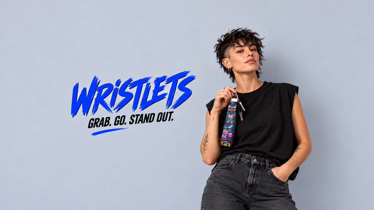 Wristlets — Grab. Go. Stand Out. with smaller blue lettering and wider grey margins