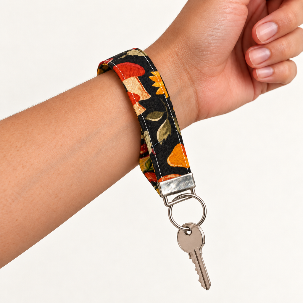 Bloom & Shroom – Fabric Wristlet Keychain worn around a wrist with a key attached