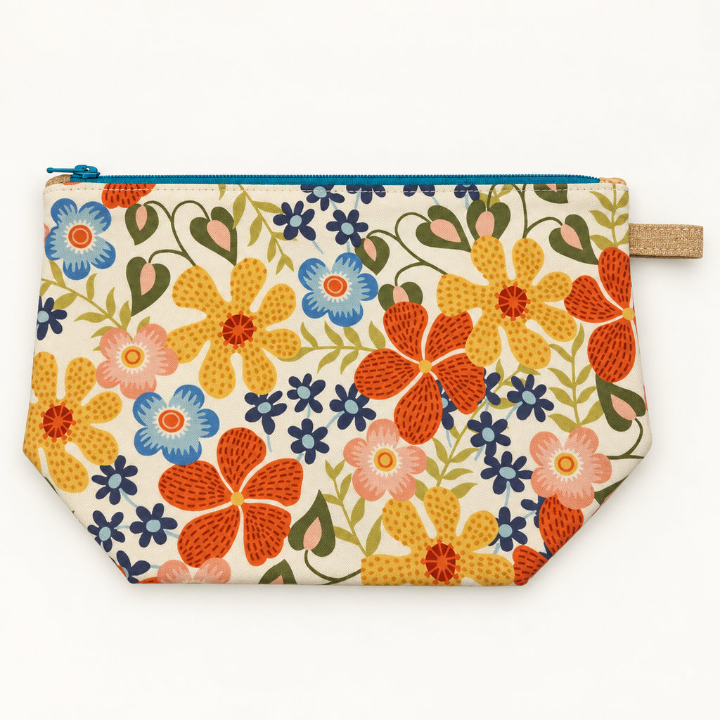 Bloom Service retro floral cotton pouch laid flat with teal zipper.