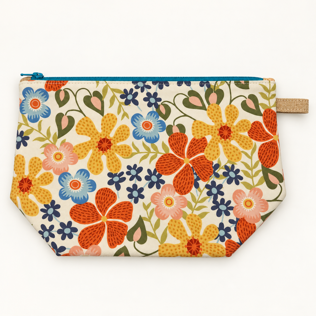 Bloom Service retro floral cotton pouch laid flat with teal zipper.