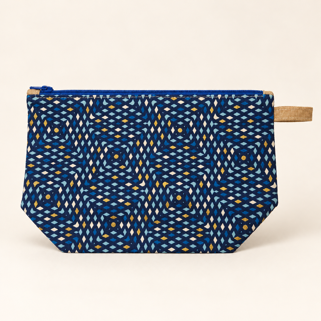 Blue by Design navy geometric cotton pouch with royal blue zipper, flat view