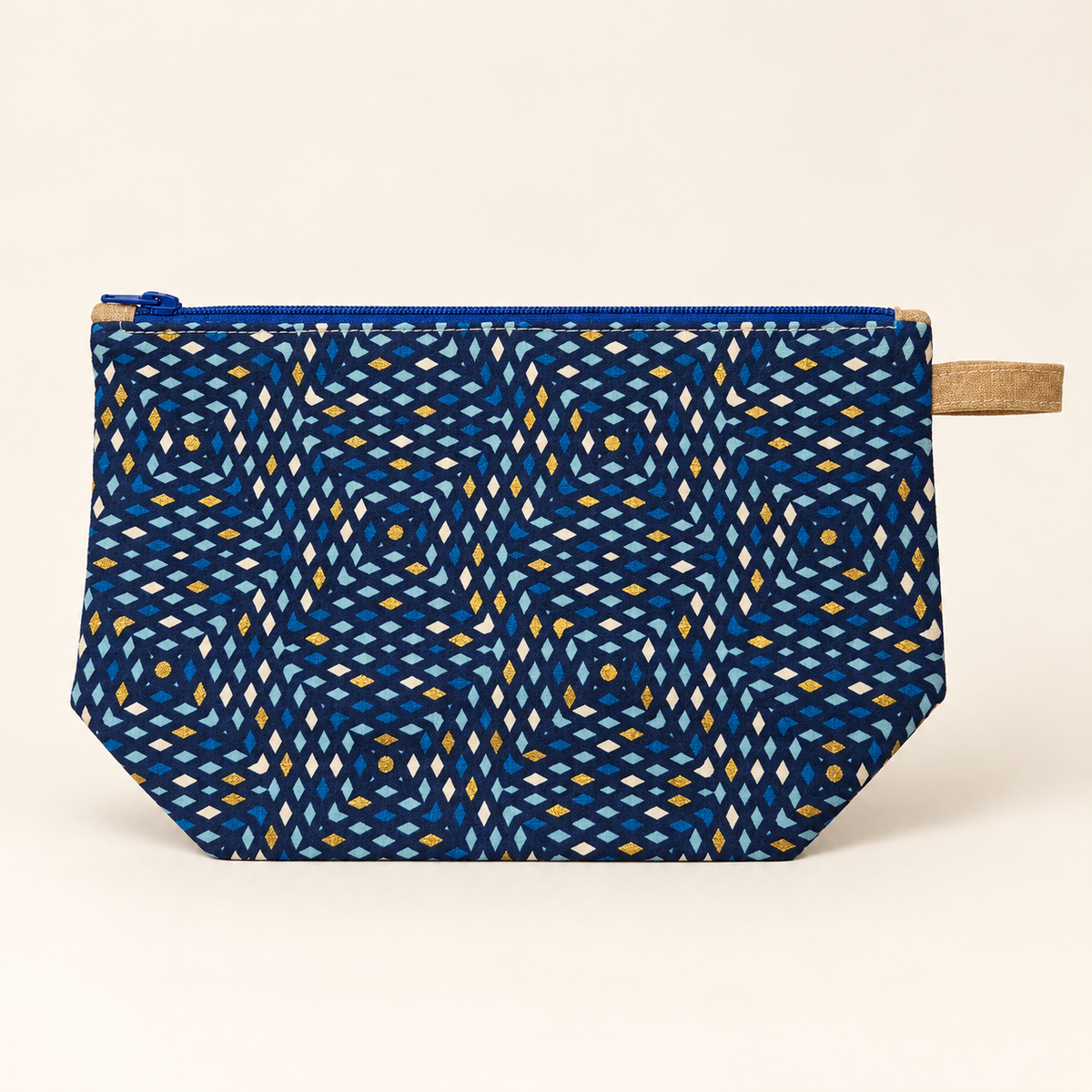 Blue by Design navy geometric cotton pouch with royal blue zipper, flat view