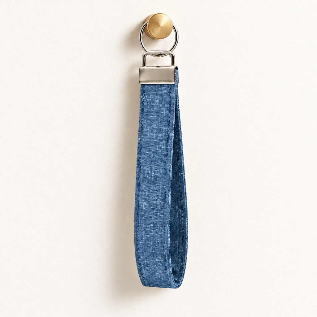 Blue Jean Energy – Fabric Wristlet Keychain hanging from a gold wall knob