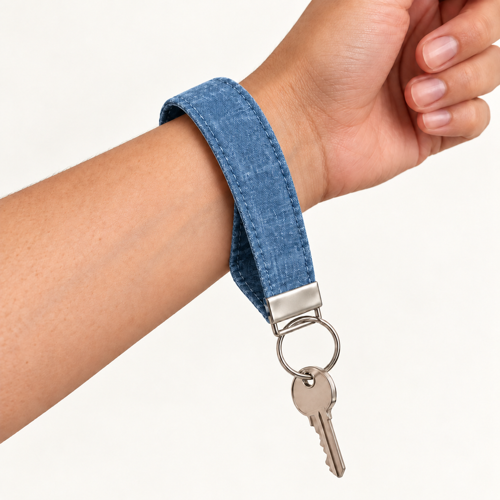 Blue Jean Energy – Fabric Wristlet Keychain worn around a wrist with a key attached