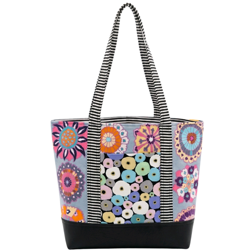 Handmade cotton tote bag with colorful boho medallion pattern and striped straps