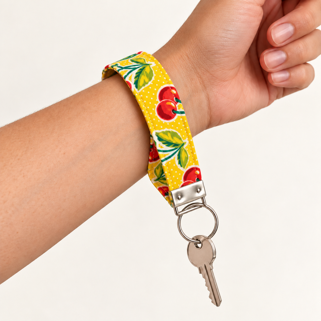 Cherry on Top wristlet loop worn around the wrist with a key attached