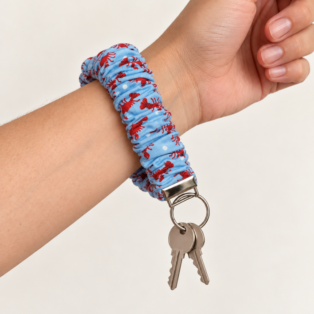 Claw and Order lobsters cotton scrunchie wristlet worn with keys
