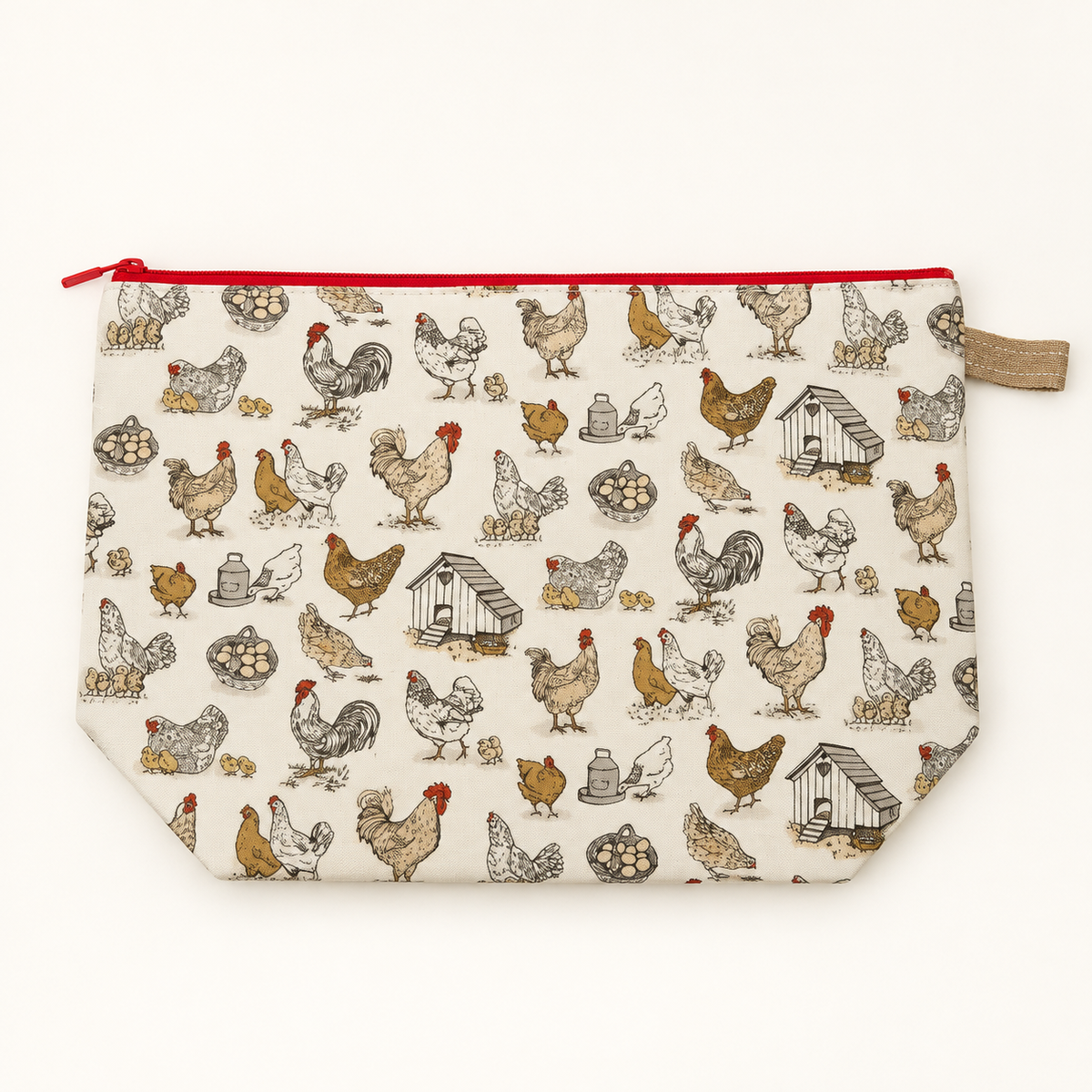 Cluck Around chicken print cotton zipper pouch laid flat with red zipper.