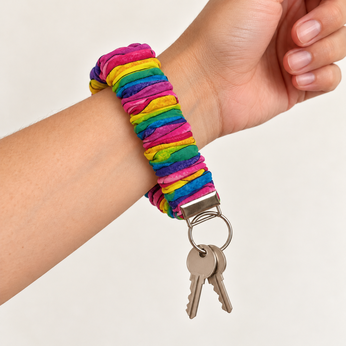Color Outside the Lines rainbow stripes cotton scrunchie wristlet worn with keys