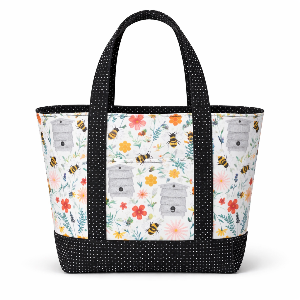Cotton tote bag with bee print on a light background and black polka dot straps and base, featuring a structured trapezoid shape and front exterior pocket.