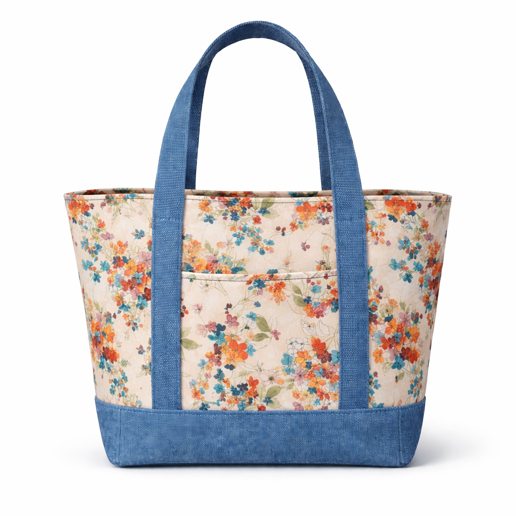 Cotton tote bag with beige floral print and blue straps and base, featuring a structured shape and front exterior pocket