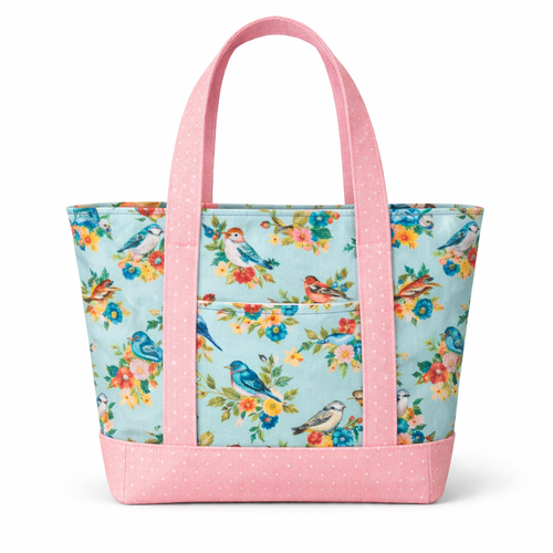 Cotton tote bag with blue bird floral print and blush pink straps and base, featuring a structured trapezoid shape and front exterior pocket.