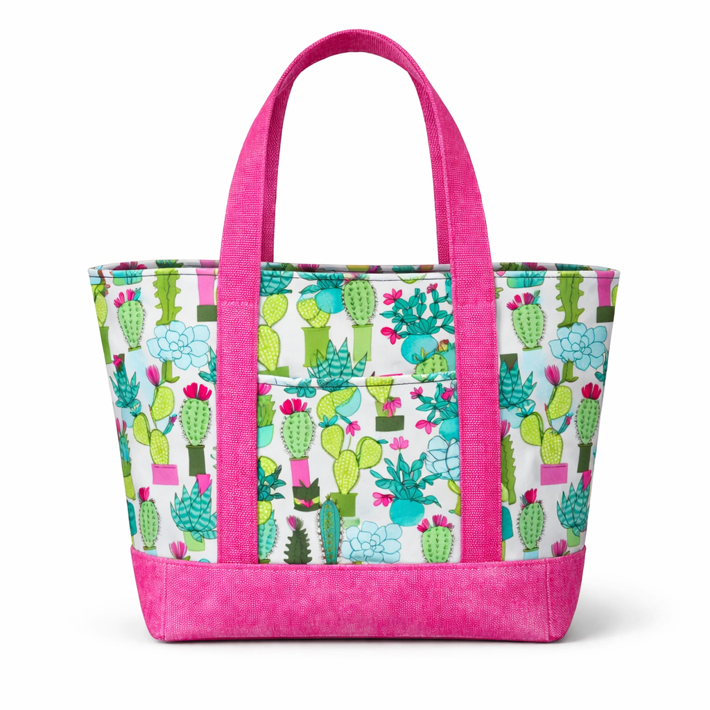 Cotton tote bag with cactus print fabric and hot pink straps and base, featuring a structured trapezoid shape and front exterior pocket