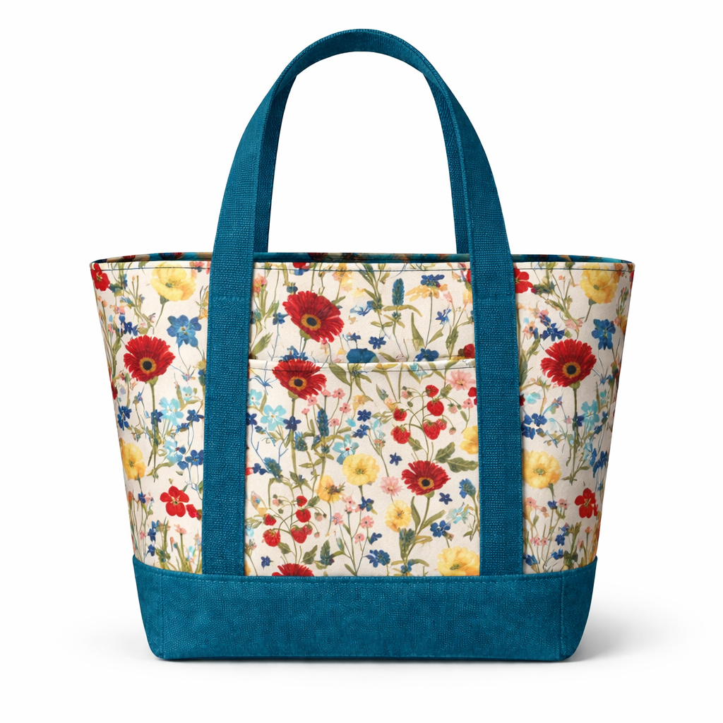 A structured cotton tote bag with a cream floral print and teal straps and base, featuring a front exterior pocket centered between vertical straps.