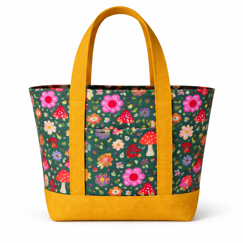 Cotton tote bag with green floral mushroom print and mustard straps and base, featuring a structured trapezoid shape and front exterior pocket.
