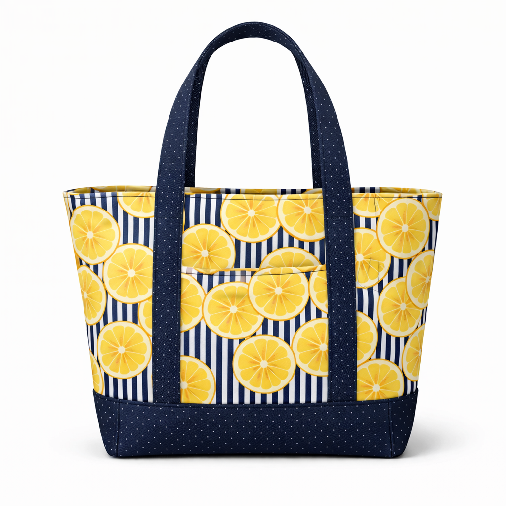 Cotton tote bag with lemon slice print over striped background and navy polka dot straps and base, featuring a structured shape and front exterior pocket