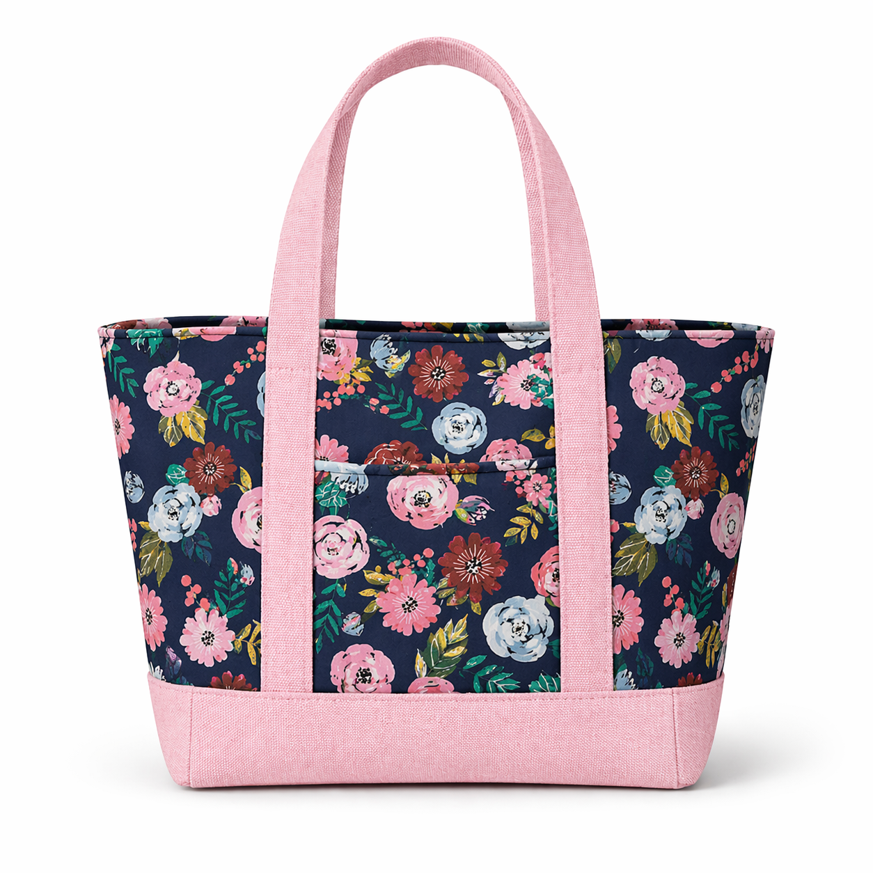 Cotton tote bag with navy floral print and blush pink straps and base, featuring a structured trapezoid shape and front exterior pocket