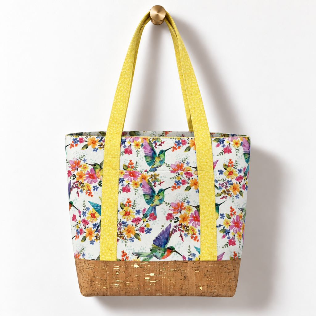 Hummingbird Garden Cotton Tote Bag – Sunshine Yellow & Cork, hanging from a gold wall knob