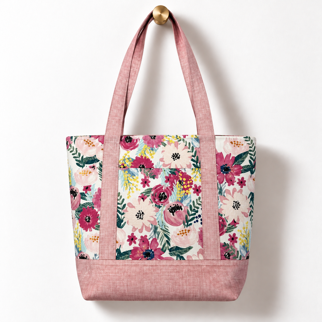 Blush Garden Floral Cotton Tote Bag – Blush Pink, hanging from a gold wall knob
