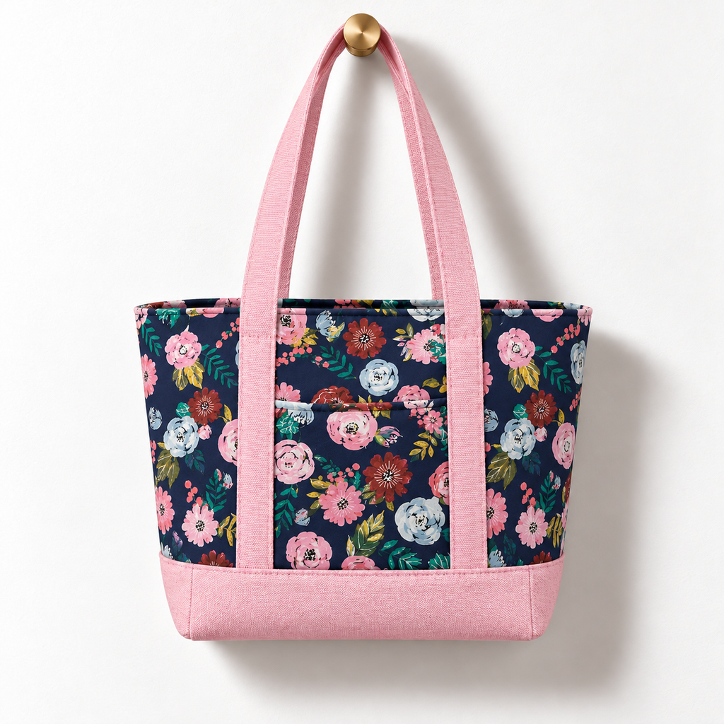 Navy Floral Cotton Tote Bag - Blush Pink, hanging from a gold wall knob