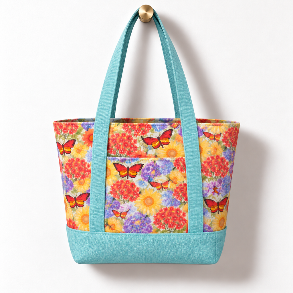 Wildflower Cotton Tote Bag - Dusty Blue, hanging from a gold wall knob