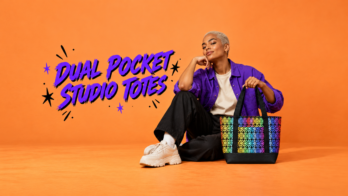 Dual Pocket Studio Totes desktop hero with rainbow tote and model against an orange background