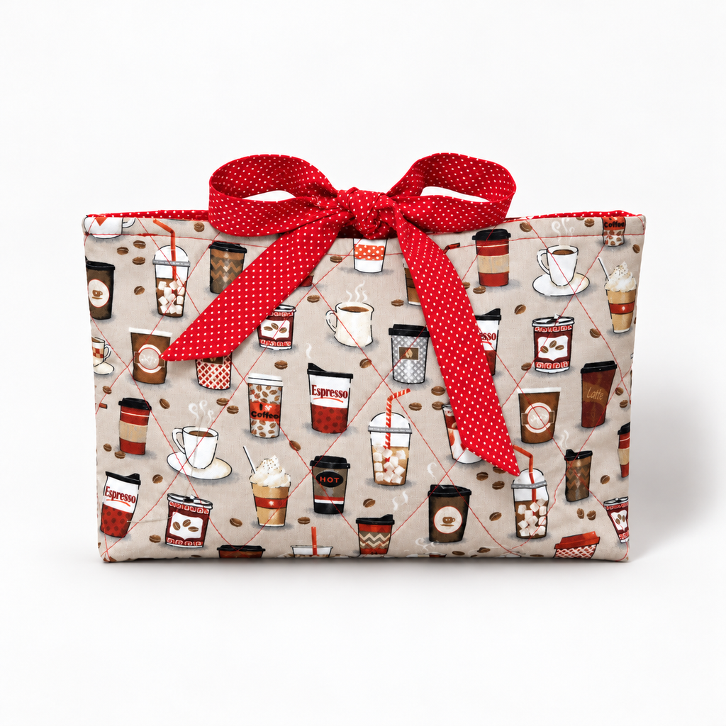 Espresso Yourself book sleeve with rounded red polka-dot bow, front view