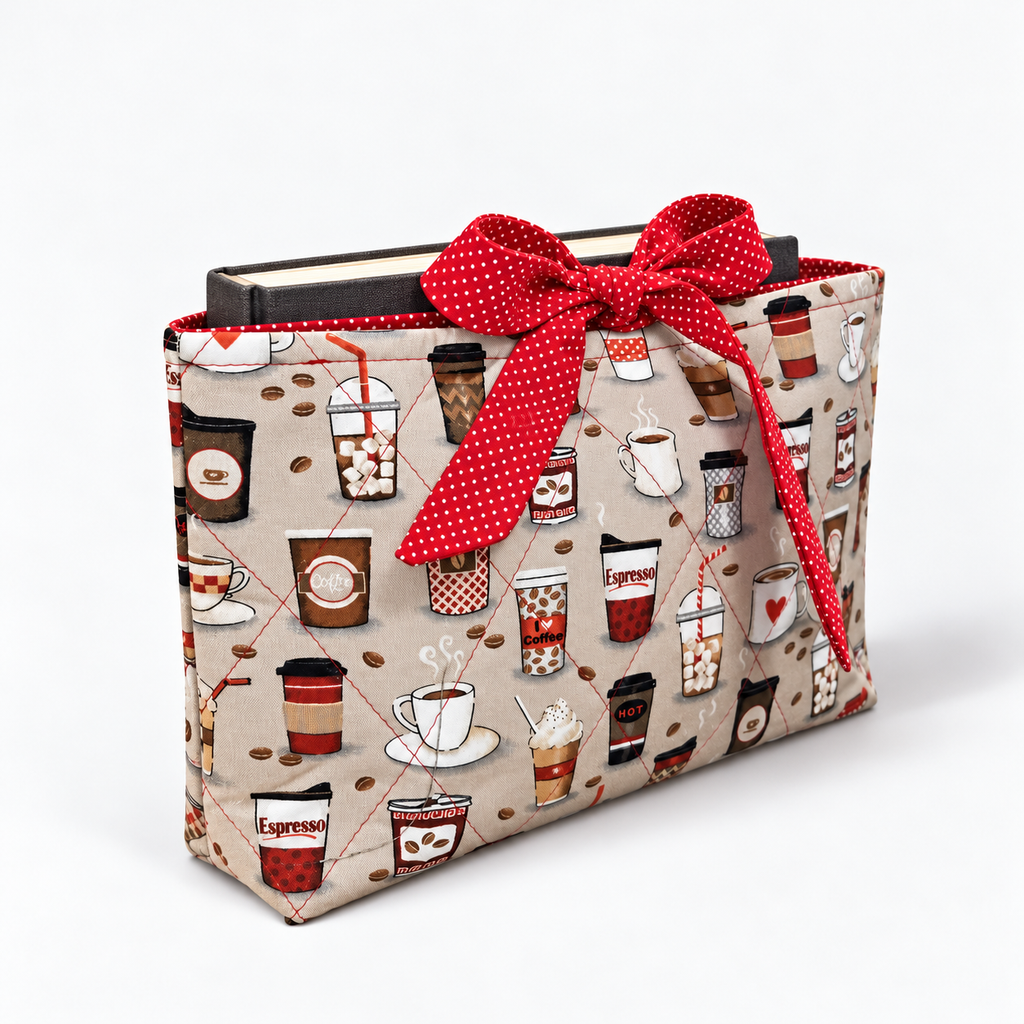 Espresso Yourself book sleeve with rounded red polka-dot bow, three-quarter view with hardcover book inside