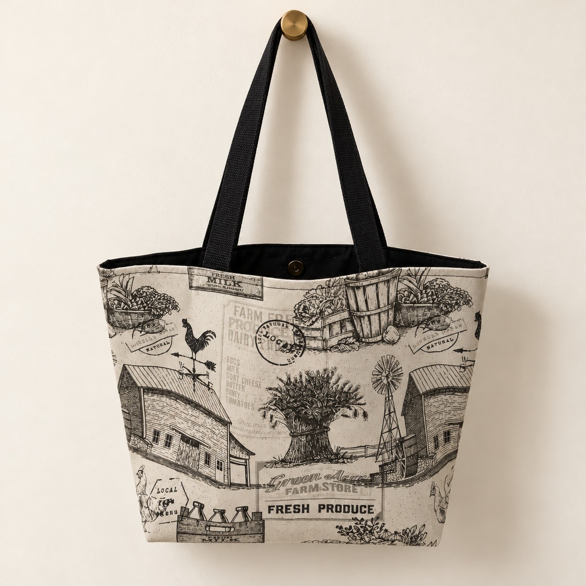 Farm Fresh Weekender Tote with black lining and black handles