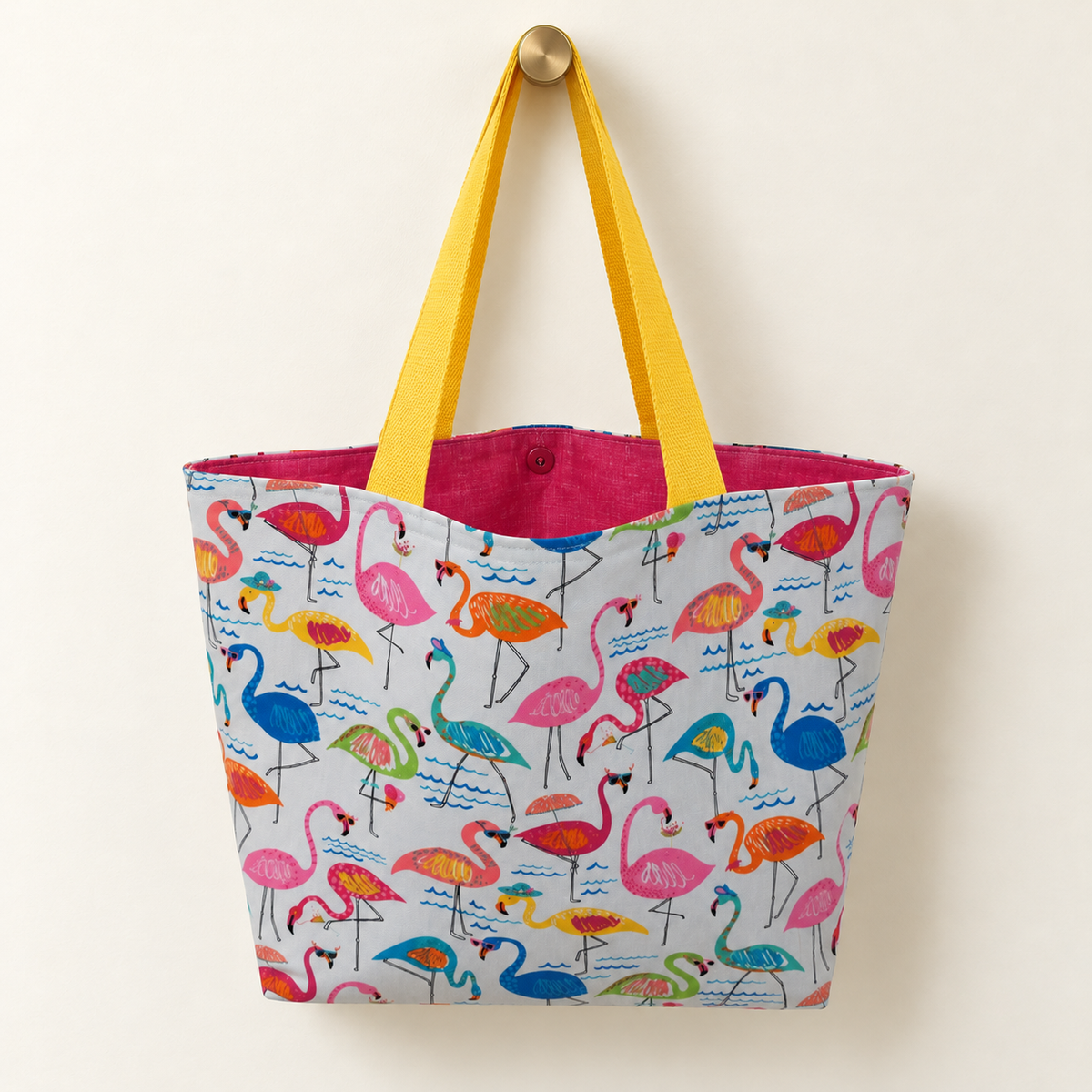 Flamingo Weekender Tote with yellow handles and pink lining