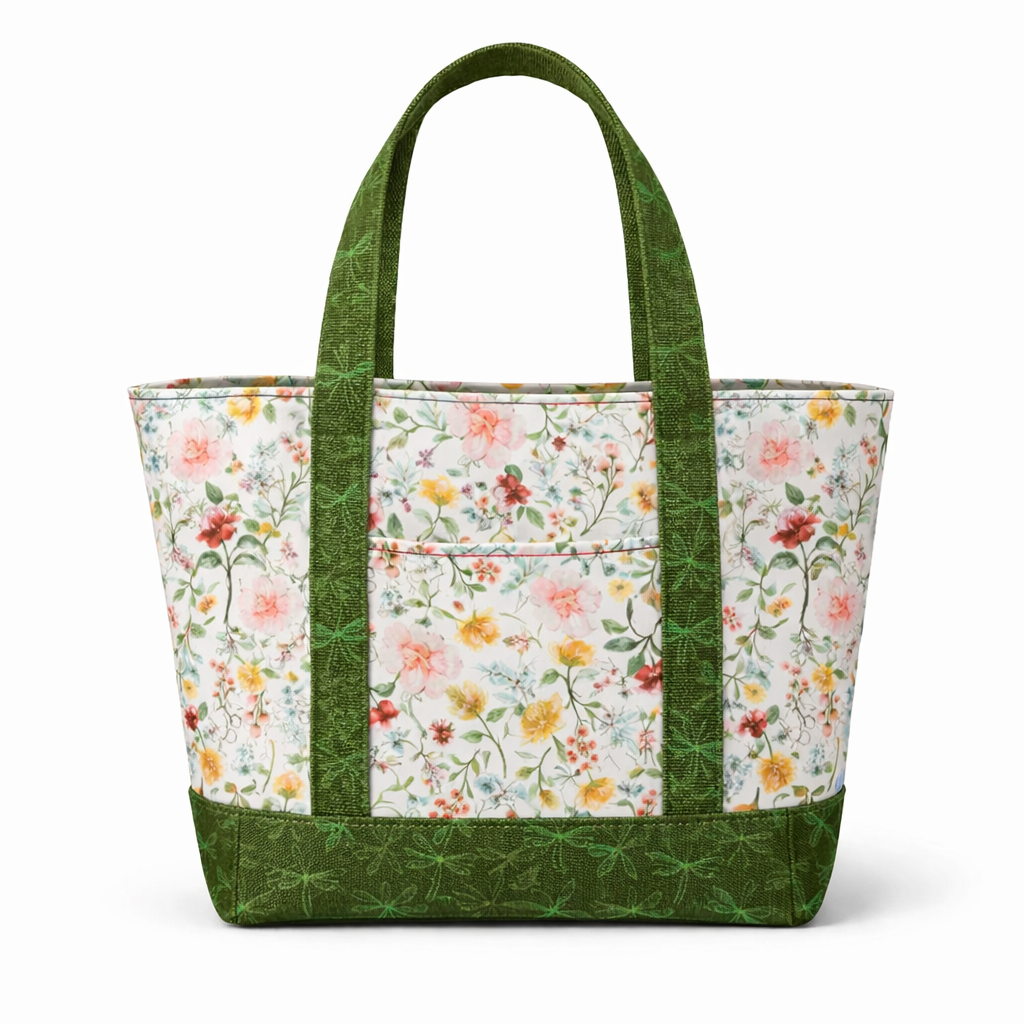 Floral tote bag with green handles and trim on a white background