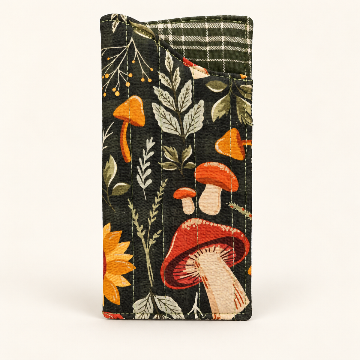 Forage Ahead quilted glasses case with Olive Plaid lining