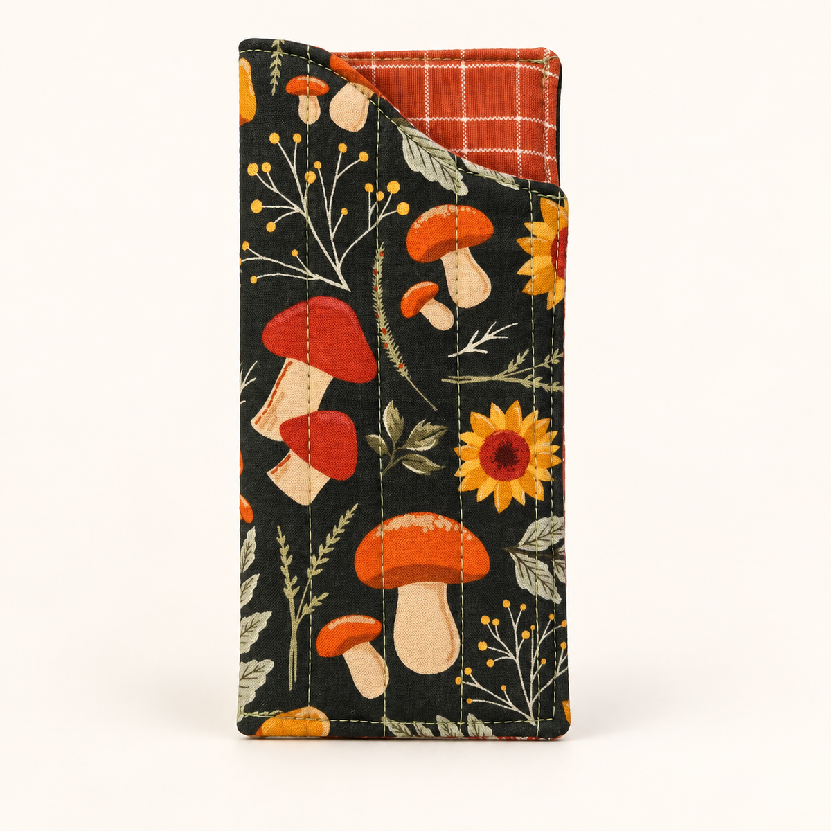 Forage Ahead quilted glasses case with Rust Grid lining