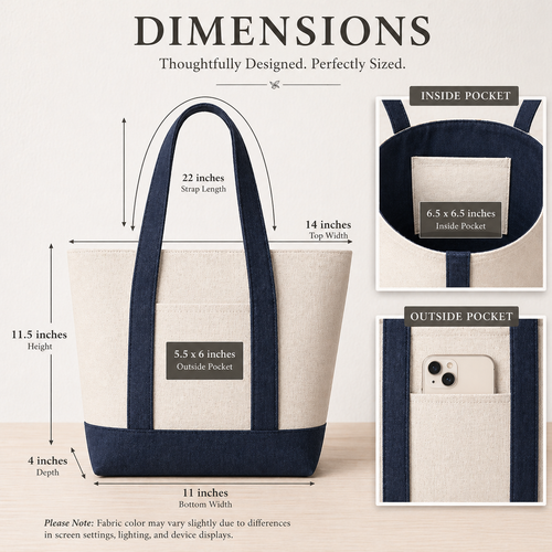 Structured cotton tote bag dimensions infographic showing 22 inch strap length, 14 inch top width, 11.5 inch height, 11 inch bottom width, and 4 inch depth, with inside and outside pocket details on a neutral background