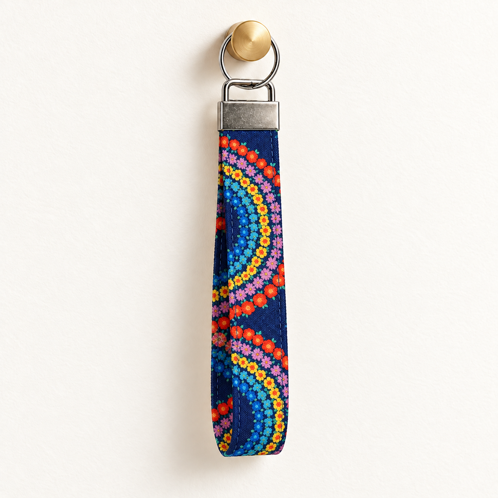 Full Circle – Fabric Wristlet Keychain hanging from a gold wall knob