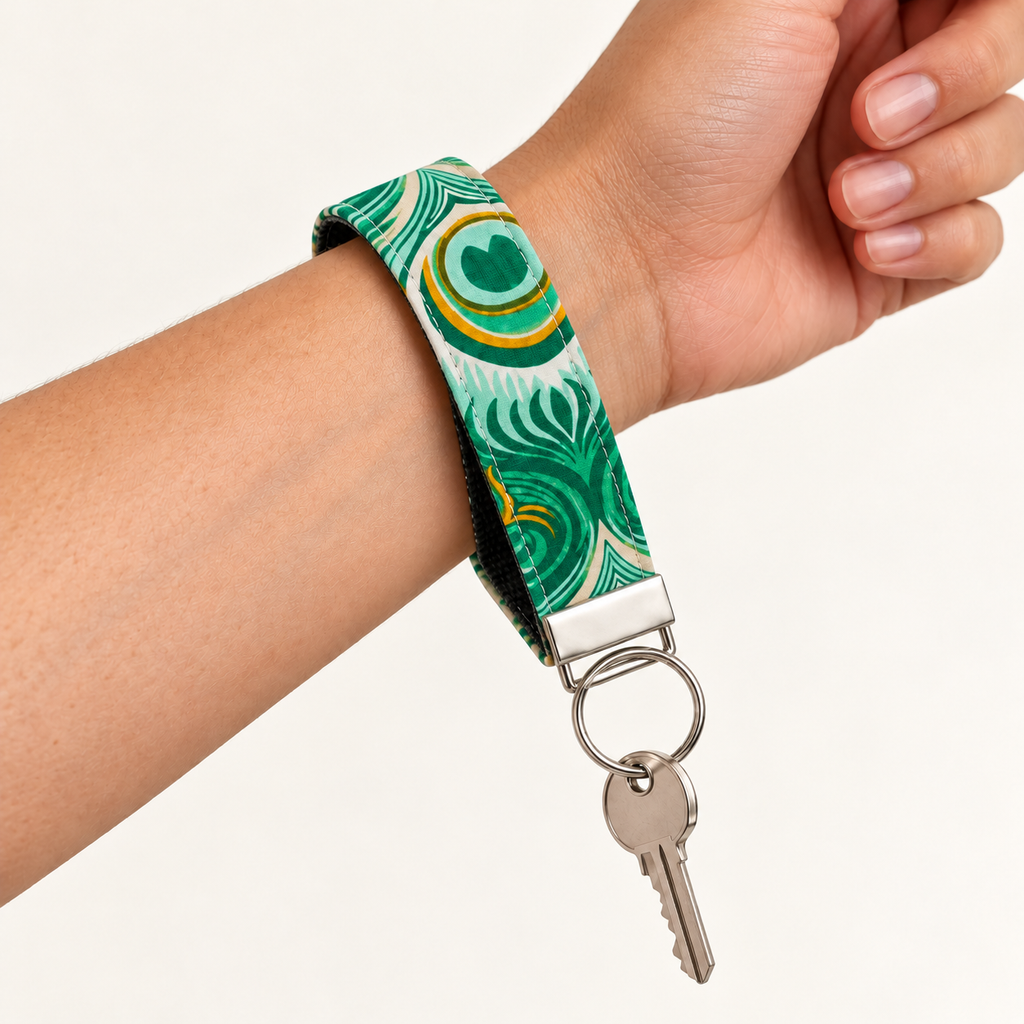 Full Plume – Fabric Wristlet Keychain worn around a wrist with a key attached